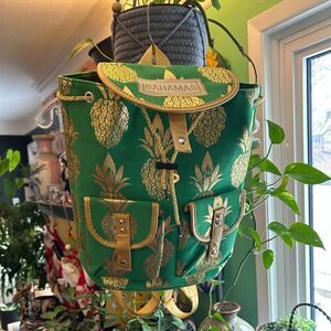Bahamas Rare Metallic Pineapple Print on Hemp Backpack With Front Pockets New